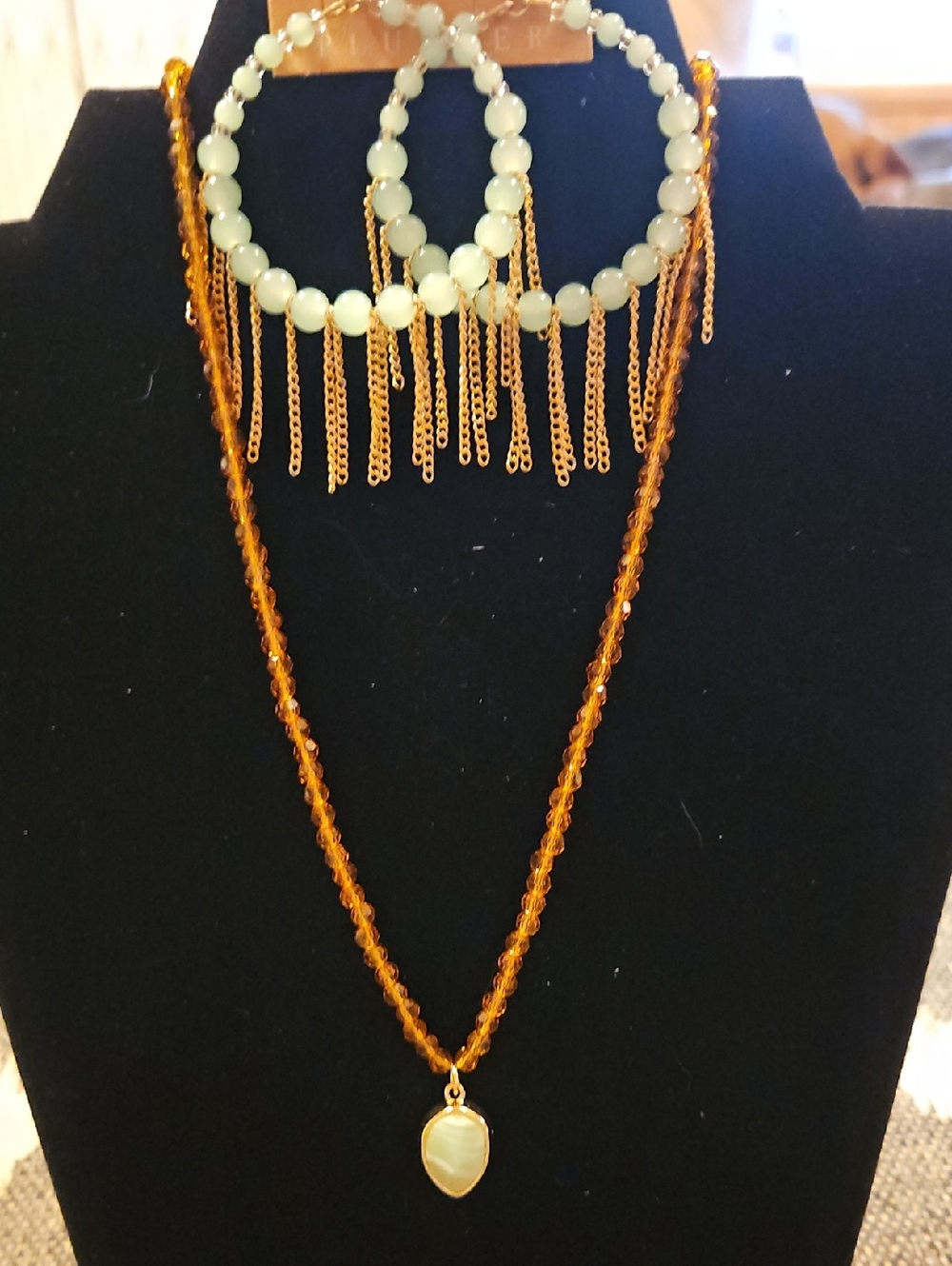 Plunder Gold and Light Green Beaded Fringe Hoop Earrings